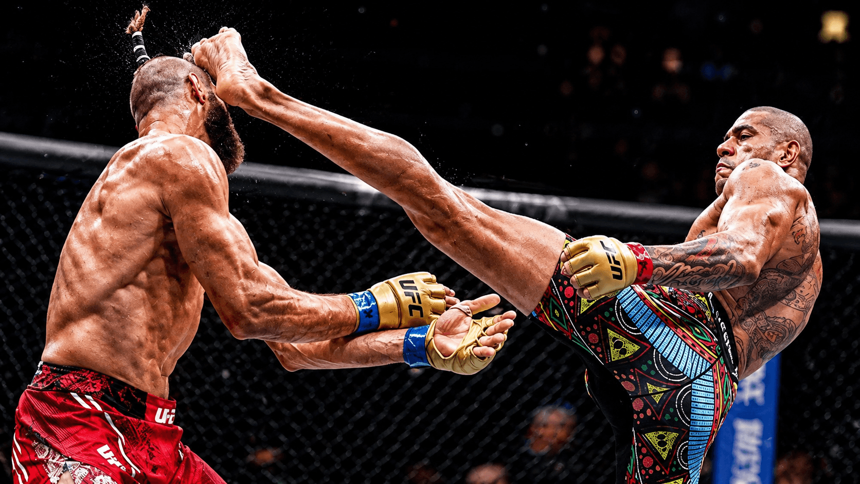 A high kick landing at full range in the centre of the cage.