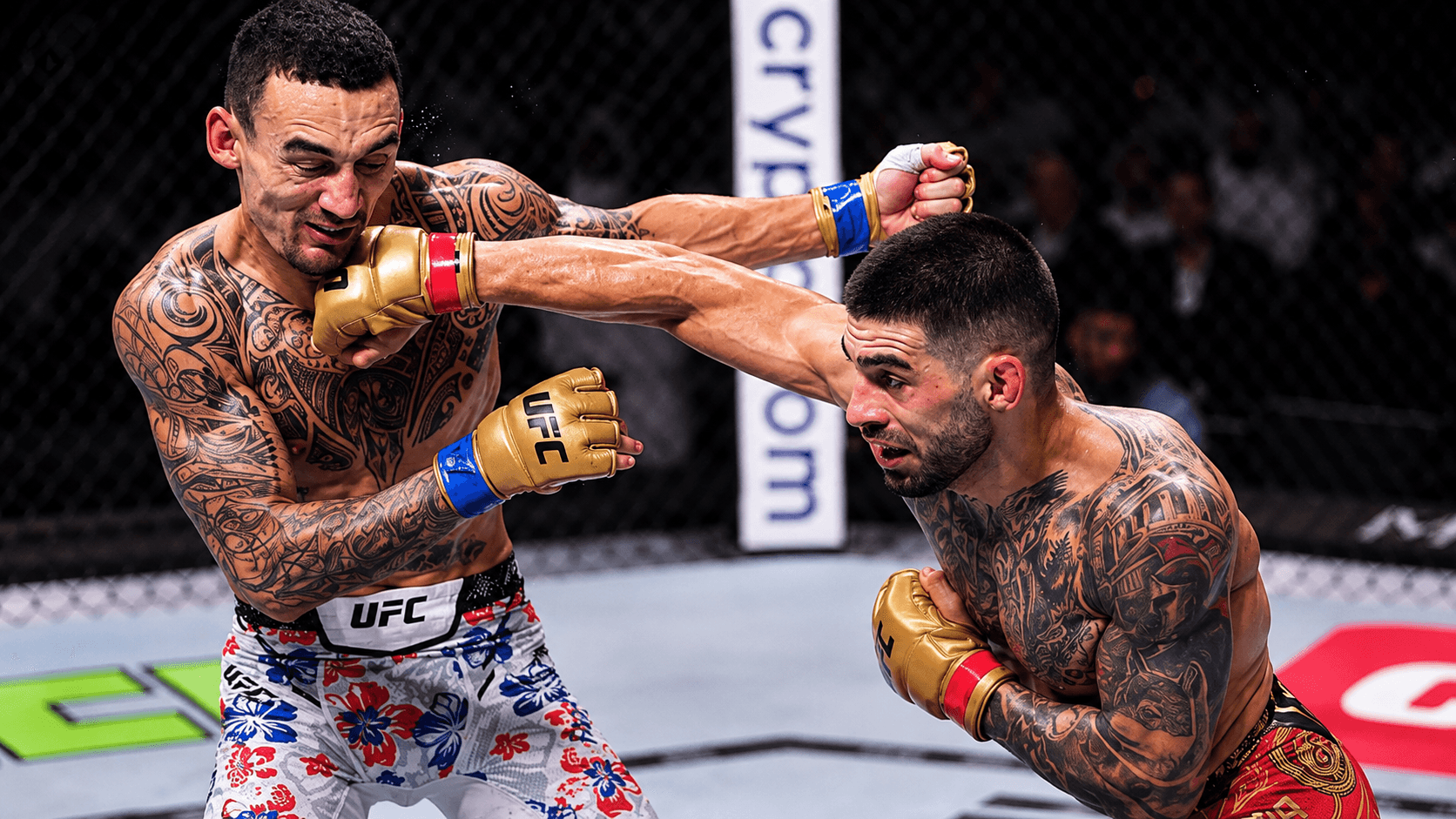 A fighter falling to the canvas as the finishing punch lands.