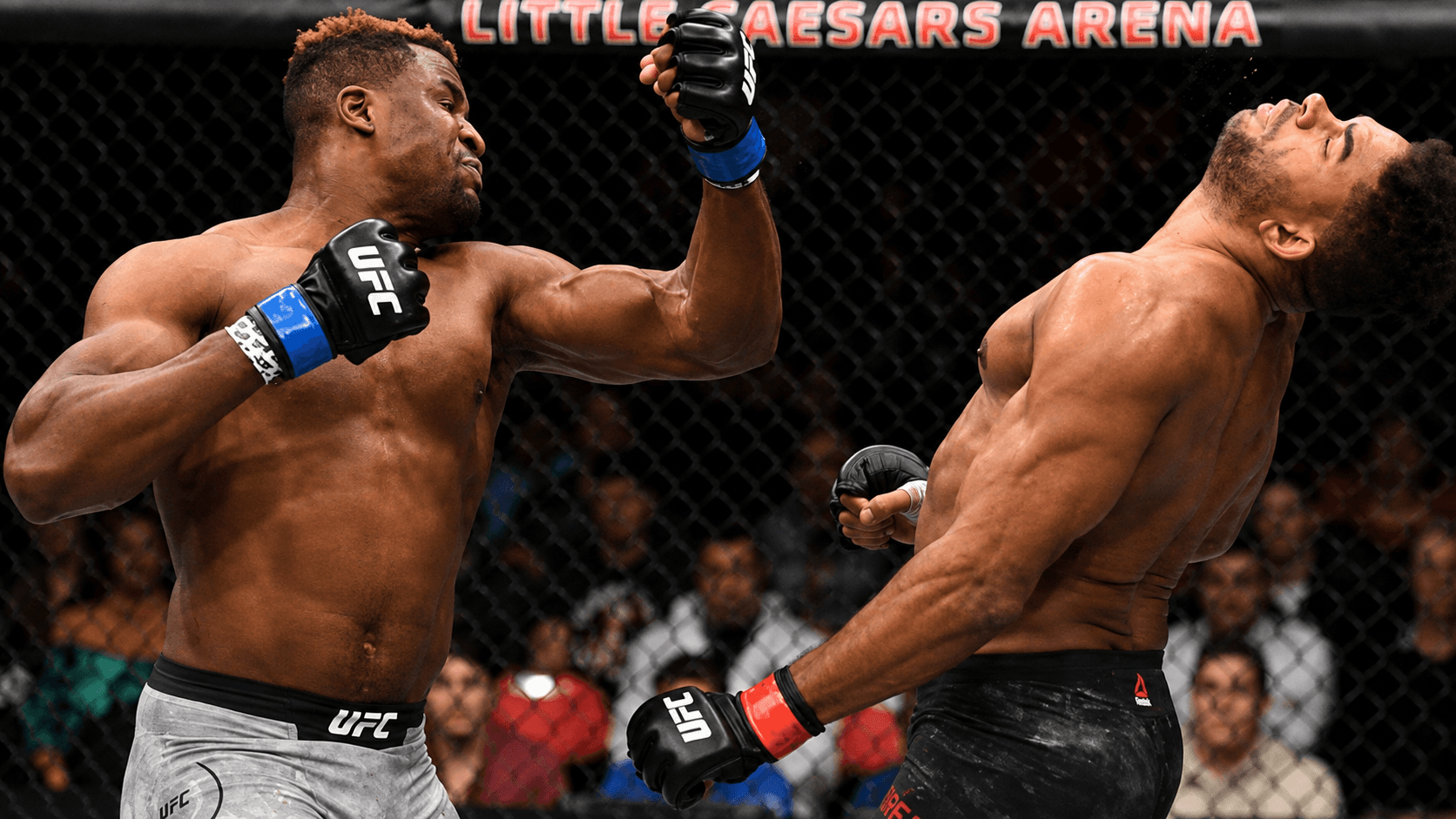 A fighter falling to the canvas.