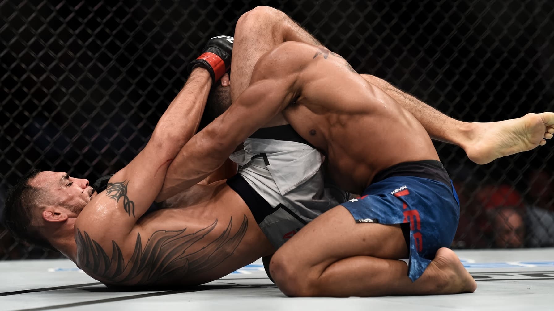 A fighter attacking a triangle choke from guard.