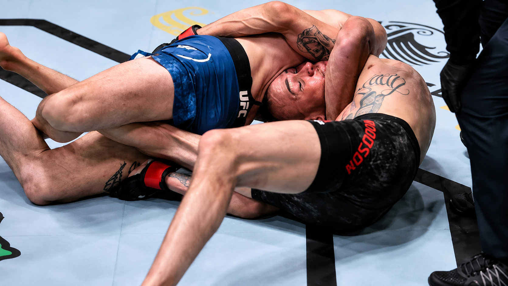 A fighter locking a D'Arce choke around the head and arm.