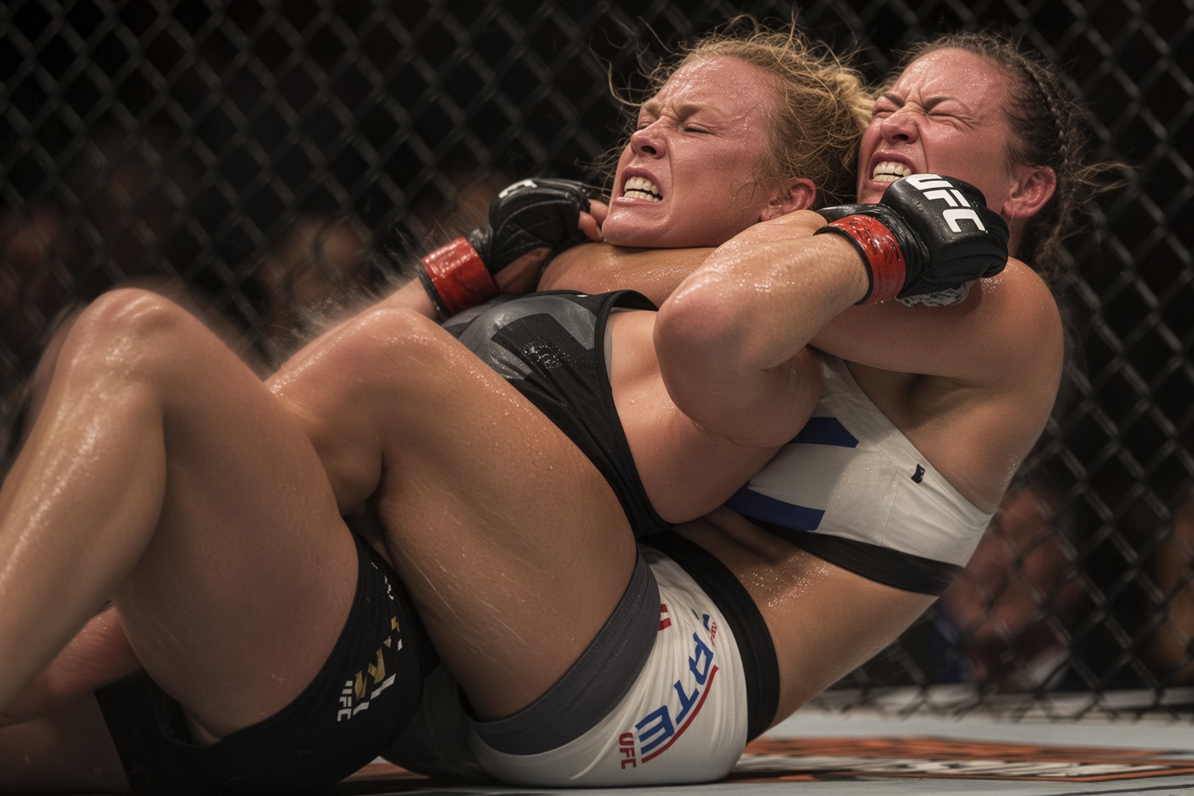 A fighter securing a rear naked choke from back control.